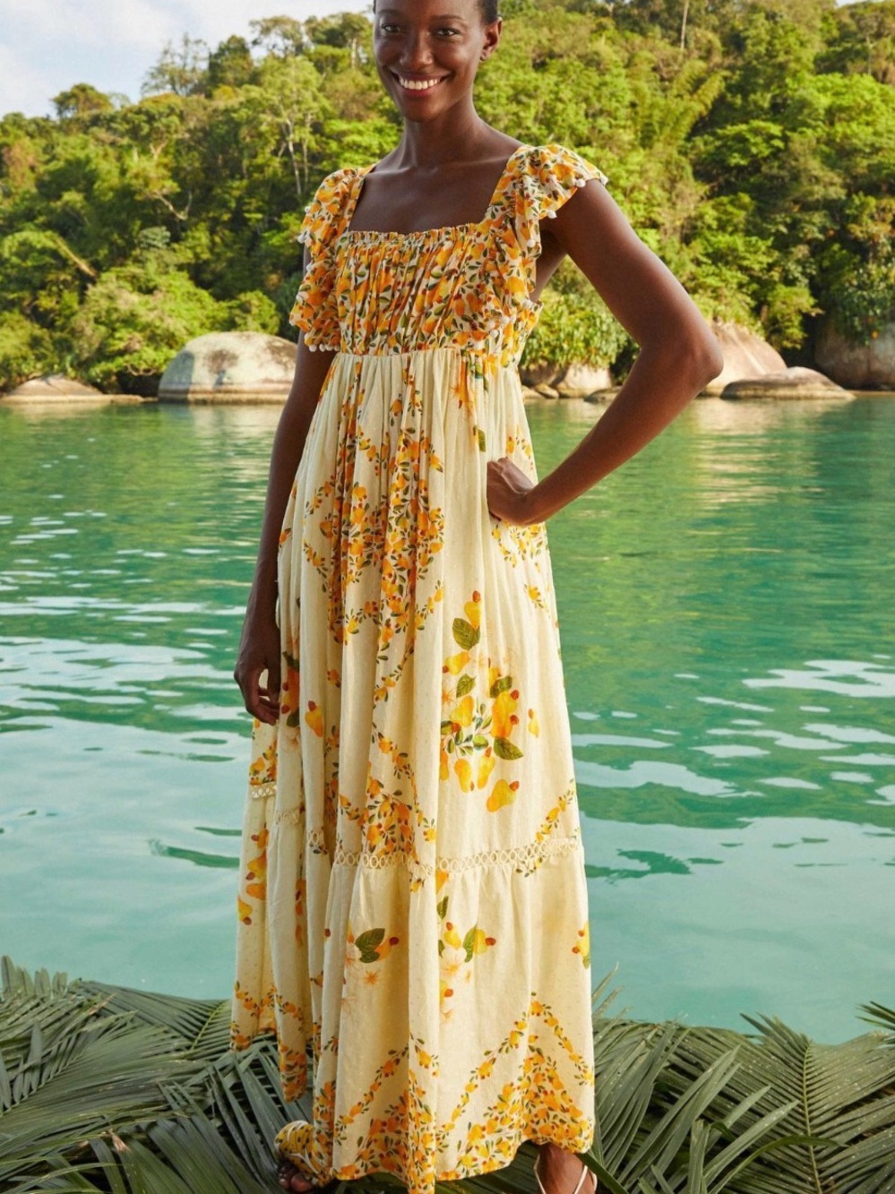 FARM RIO Off-White Cashew Crossed Back Maxi Dress Size Medium